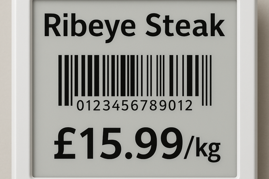 Electronic shelf edge label (eSEL) displaying the product name "Ribeye Steak," a barcode with numeric code, and a price of £15.99 per kilogram, all shown on a sharp e-ink display framed in a clean white casing.
