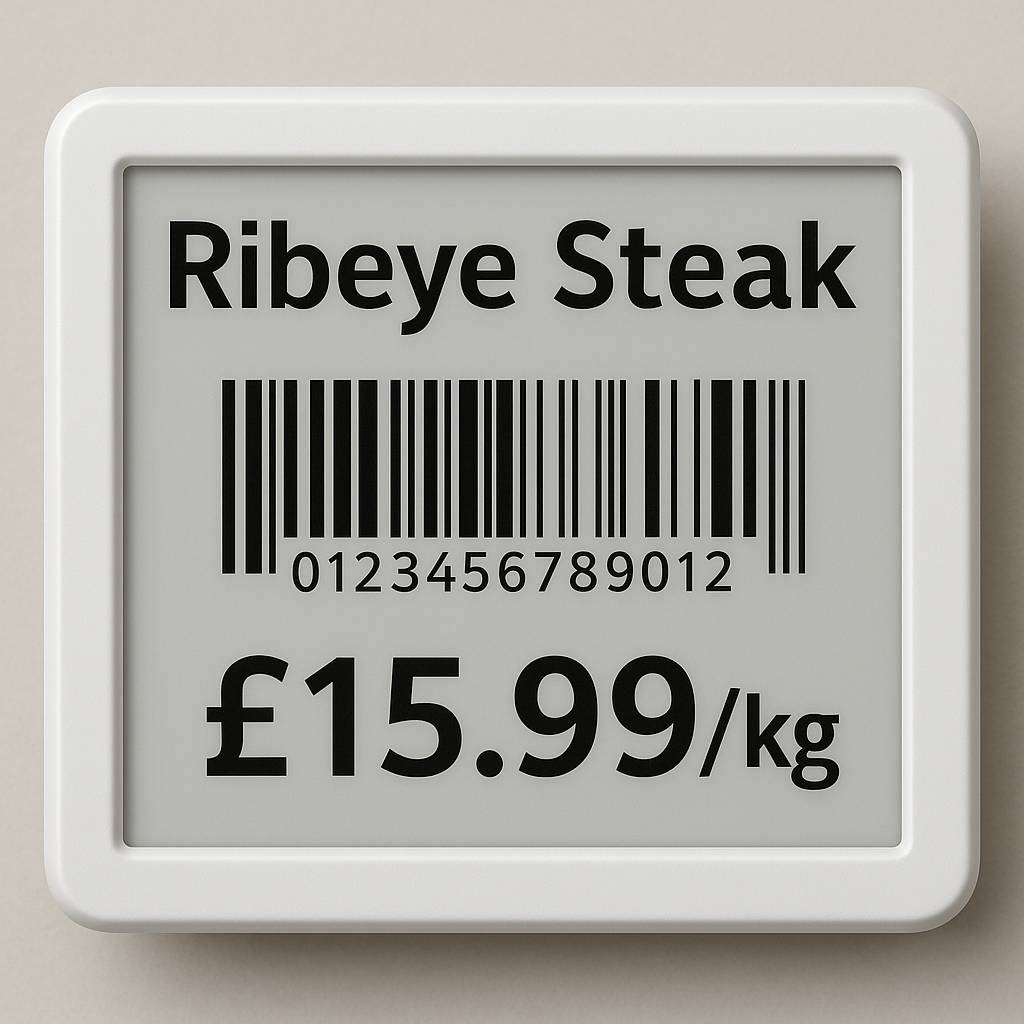 Electronic shelf edge label (eSEL) displaying the product name "Ribeye Steak," a barcode with numeric code, and a price of £15.99 per kilogram, all shown on a sharp e-ink display framed in a clean white casing.